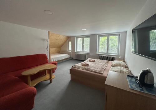 リポヴァー・ラーズニェにあるHotýlek u Kanceのベッド1台、ソファ、窓が備わる小さな客室です。