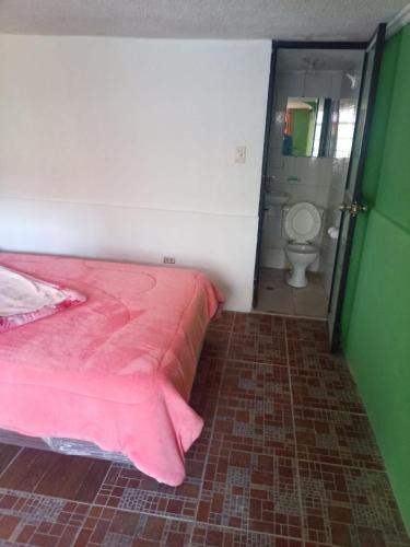 um quarto com uma cama rosa e um WC em 悦来客栈 em Quito