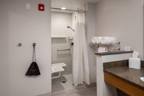 La salle de bains blanche est pourvue d'une douche et d'un lavabo. dans l'établissement Fairfield Inn & Suites by Marriott Little Rock Airport, à Little Rock