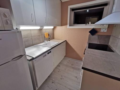a small kitchen with a sink and a refrigerator at Spacious apartment on Kvaløya in Kvaloysletta