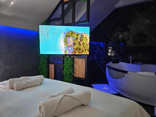 - une chambre avec une télévision, un lit et une baignoire dans l'établissement Delux apartman President Centar, à Brčko