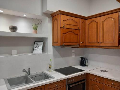 a kitchen with wooden cabinets and a sink at Aggeliki's place detached home with yard/parking in Volos
