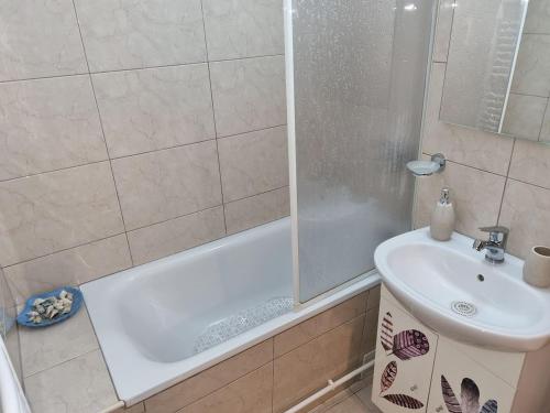 ein Bad mit einer Badewanne, einem Waschbecken und einer Dusche in der Unterkunft Constanta Studio 50mp in Constanţa
