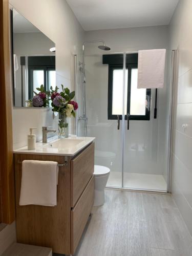 ein Badezimmer mit Waschbecken und Dusche in der Unterkunft LA CASA DE DORA EN LA ESCUSA in Armentera