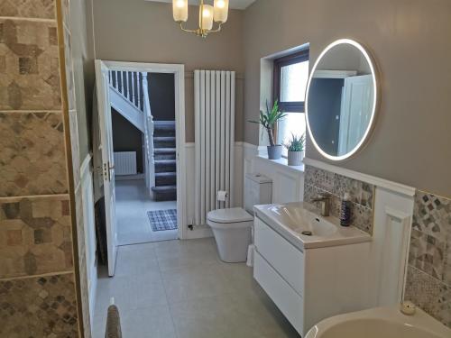 a bathroom with a sink and a toilet and a mirror at Blue Stack View 