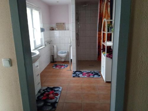 een badkamer met een toilet en een douche met matten op de vloer bij Ferienhäuschen Berg und Tal in Harzgerode