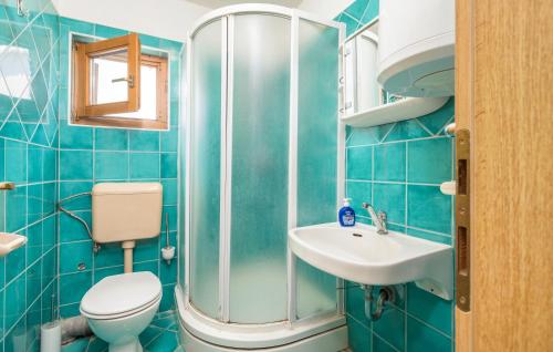 a blue tiled bathroom with a toilet and a sink at Apartments and rooms with parking space Fazana - 13742 in Marana