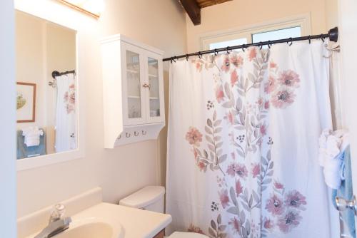 a bathroom with a shower curtain and a sink at OceanFront Kauai - Rhythm TVNC 4288 in Kapaa