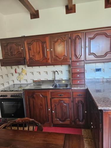Una cocina con gabinetes de madera y un fregadero. en Anny's House, en Rocca Cinquemiglia