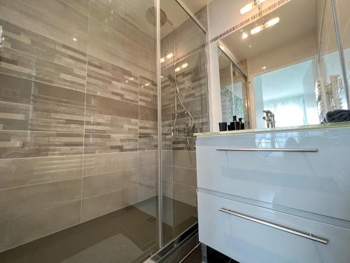 ein Bad mit einer Dusche, einem Waschbecken und einem Spiegel in der Unterkunft Le Saphir in Rezé