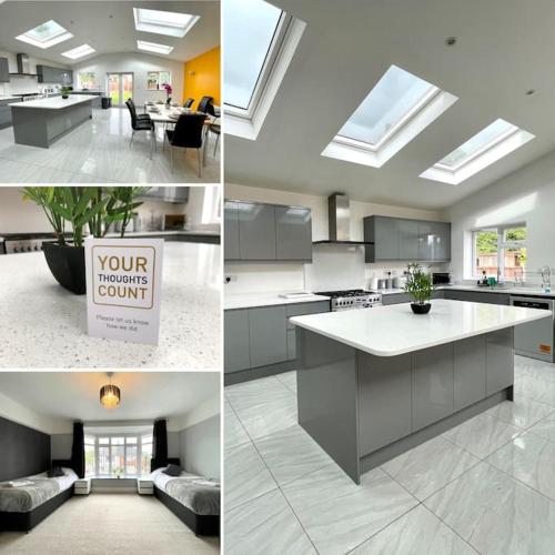 a collage of photos of a kitchen and a room at Luxurious Detached Holiday House Free Parking near Airport Town Centre Railway Station in Luton