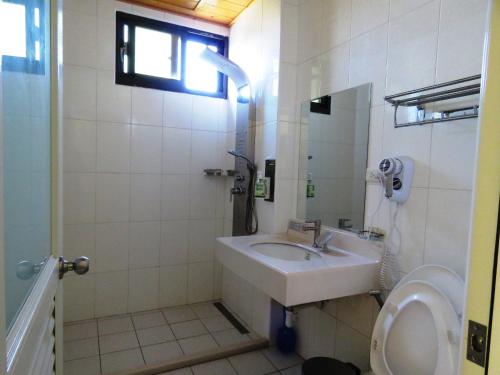 ein Bad mit einem Waschbecken und einem WC in der Unterkunft 雅如小築電梯民宿 in Puli