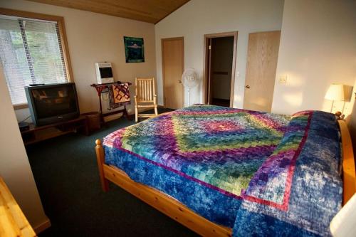 a bedroom with a colorful bed and a television at Cabin w/ Amazing views & Spa. Aug.dates available in Ronald