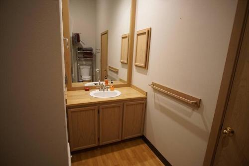 a bathroom with a sink and a mirror at Cabin w/ Amazing views & Spa. Aug.dates available in Ronald