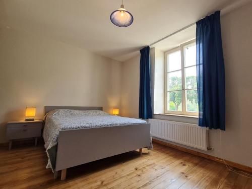 Schlafzimmer mit einem Bett und einem Fenster mit blauen Vorhängen in der Unterkunft Gîte Lunéville, 3 pièces, 4 personnes - FR-1-584-293 in Lunéville