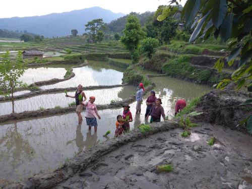 a group of people standing in a field near a river at Riverside Homes in Deorāli