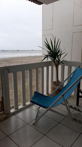 einen blauen Sessel auf einem Balkon mit Pflanze in der Unterkunft ArenaNorte in Chiclayo