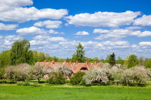 a house in the middle of a field with trees at Karlamuiza Country Hotel in Kārļi