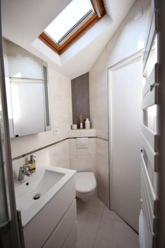 a bathroom with a sink and a toilet and a skylight at Studio * Confort * Sérénité * La halte du Pèlerin in Bures-sur-Yvette