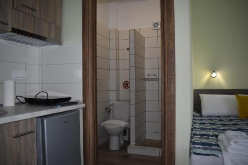 a small bathroom with a toilet and a sink at Villa Olympia in Paralia Katerinis