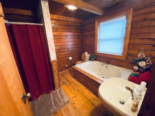 a bathroom with a bath tub and a sink at Cozy Cabin at Bear Mountain Log Cabins in Eureka Springs