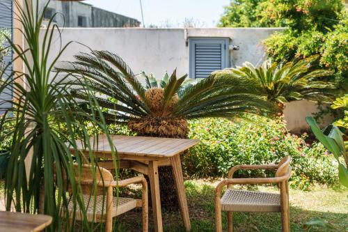 a wooden table and chairs in a garden with plants at Villa Mazzella in Procida