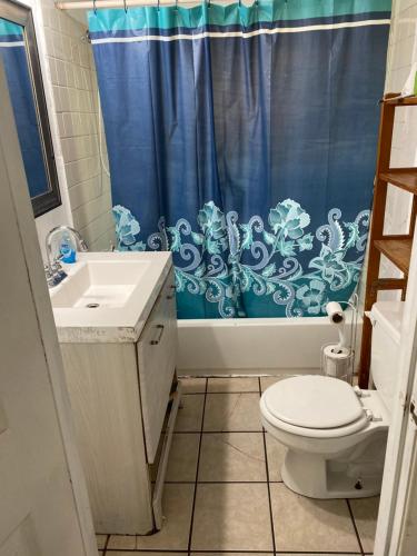 a bathroom with a sink and a toilet and a shower curtain at House Rooms & RV Rooms Near LAX in Los Angeles