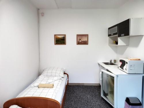 Cette petite chambre comprend un lit et un four micro-ondes. dans l'établissement Opaa Motel, à Poniatowa
