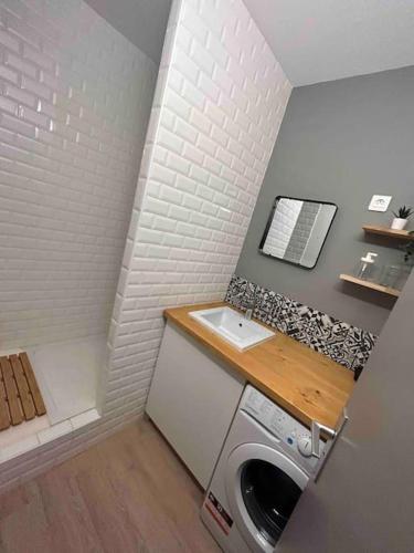 une petite salle de bains avec un lave-linge et un lavabo dans l'établissement Studio les nautiles Bandol, à Bandol