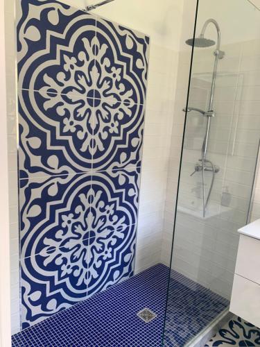 a shower with a blue and white patterned shower curtain at B&B Relais sul Siroto in Castelnuovo Cilento