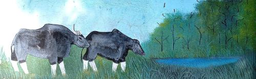 a painting of two cows standing in a field at Tiger Residency Resort in Sauraha