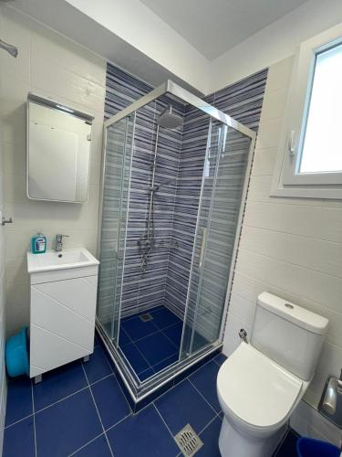 a bathroom with a shower and a toilet and a sink at Sunset Thalassa View Flat in Ofrínion