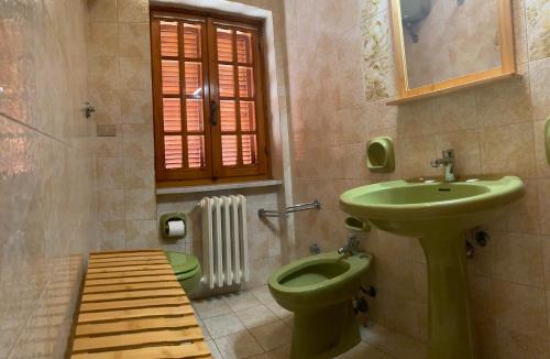 a bathroom with a green sink and a toilet at Casa Trecci in Albinia