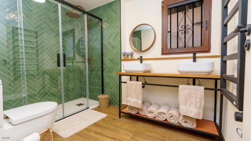 a bathroom with a shower and a toilet and a sink at Casa Rural El Rincón de Beatriz in Ayódar