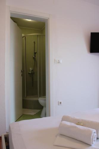 a bathroom with a shower and a toilet in a room at Bjelopera Rooms in Zaton