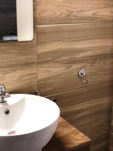 a bathroom with a white sink and wooden wall at Studio στο Τολό in Tolo