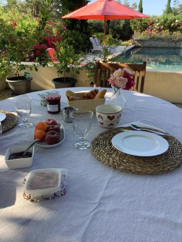 een tafel met borden en een fruitschaal bij La bastide de Cocagne in Rognes