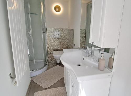y baño con lavabo, ducha y aseo. en All-in-One Apartment mit eigener Sonnenterrasse im Garten en Düsseldorf