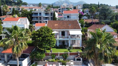 ariaal uitzicht op een villa met palmbomen en huizen bij Apartmani Milosevic in Herceg-Novi