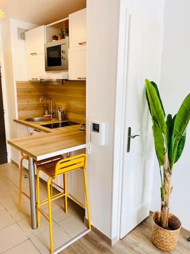 une cuisine avec une table et une plante en pot dans l'établissement LAKAZ CREOLE - Caen Centre, à Caen