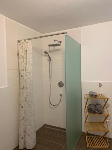 y baño con ducha y cortina de ducha. en Ferienwohnung KaRo, en Bodensdorf