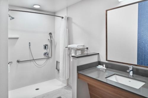a bathroom with a shower and a sink and a mirror at Fairfield Inn & Suites by Marriott Penticton in Penticton
