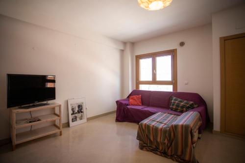 a living room with a purple couch and a tv at Santa Clara Residence in Lisbon
