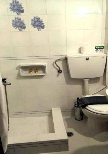 a small bathroom with a toilet and a sink at Creta Star Apartments in Agia Galini