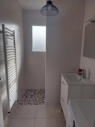 een badkamer met een douche, een wastafel en een raam bij Clair de Lune in Sassay