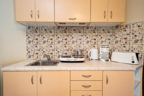 a kitchen with a sink and a counter top at Villa Kandia in Ayia Evfimia