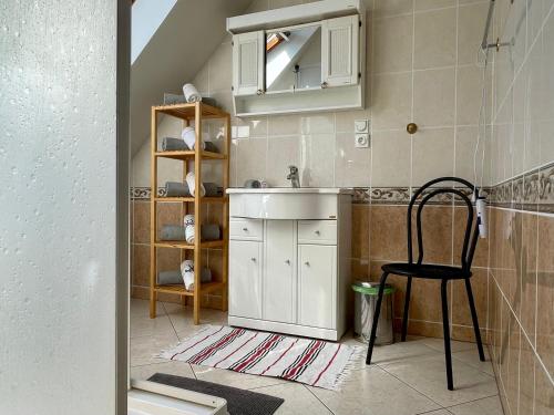 a kitchen with a sink and a chair in a room at Sielski wypoczynek blisko Kołobrzegu in Dębogard