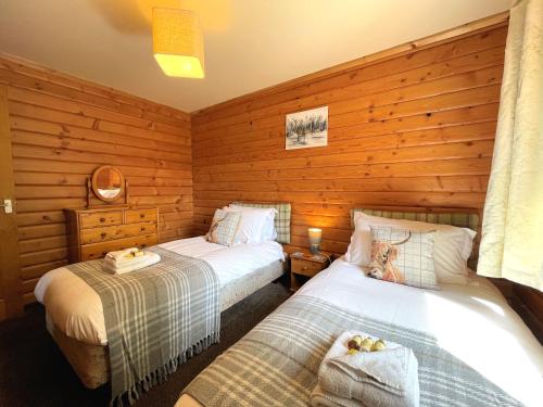 two beds in a room with wooden walls at Pass the Keys Beautiful 2BR Beach Lodge Set In Stunning Gardens in Dalbeattie