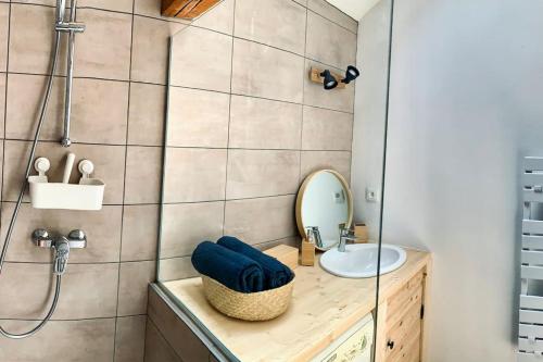 bagno con lavandino e doccia di Appartement cosy de 60m2 au centre ville d’embrun a Embrun