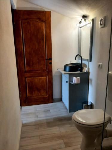 a bathroom with a toilet and a wooden door at La Piticu in Dubova